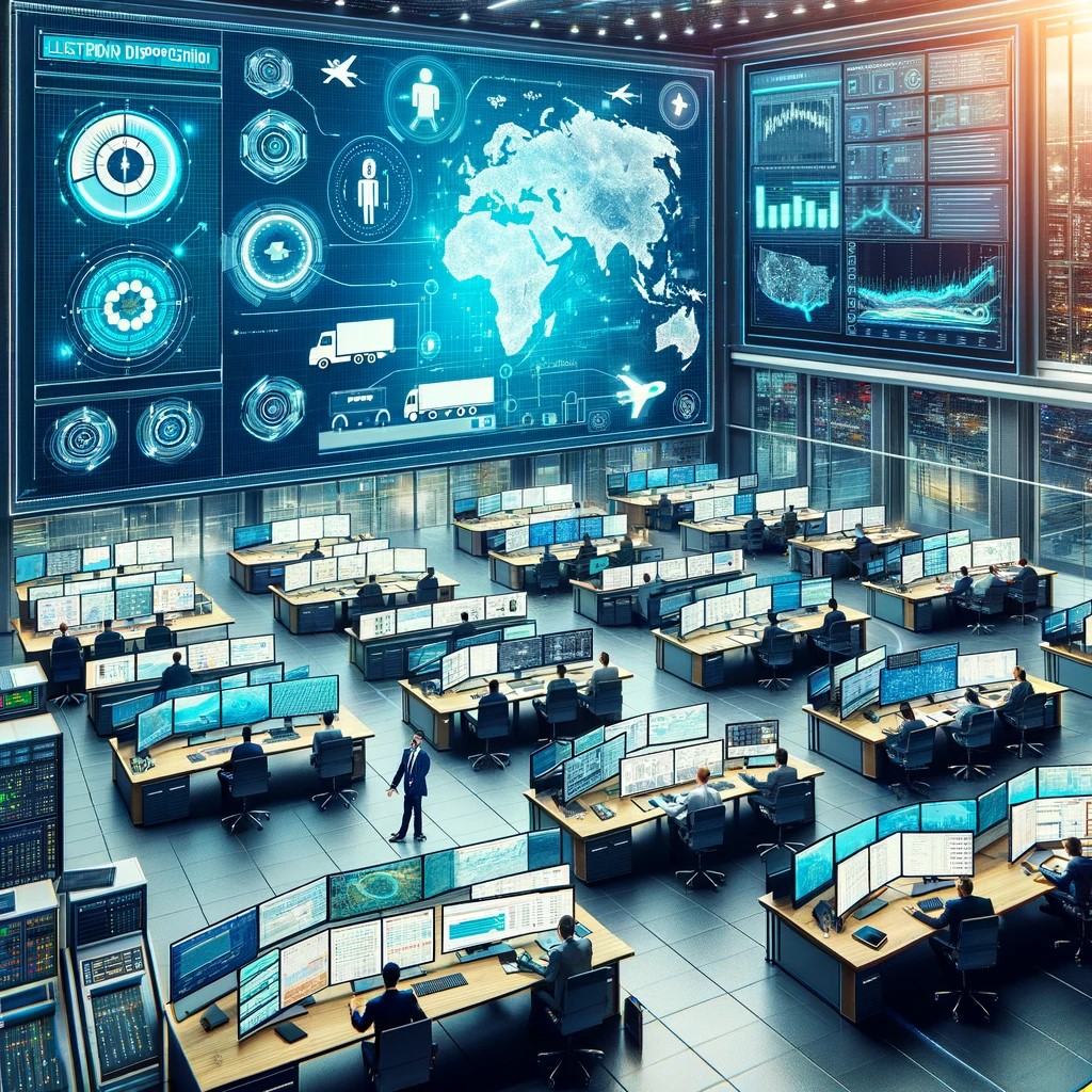 Modern logistics command center with professionals using electronic dispatching software, showing screens with maps, schedules, and data analytics for optimized transportation management.