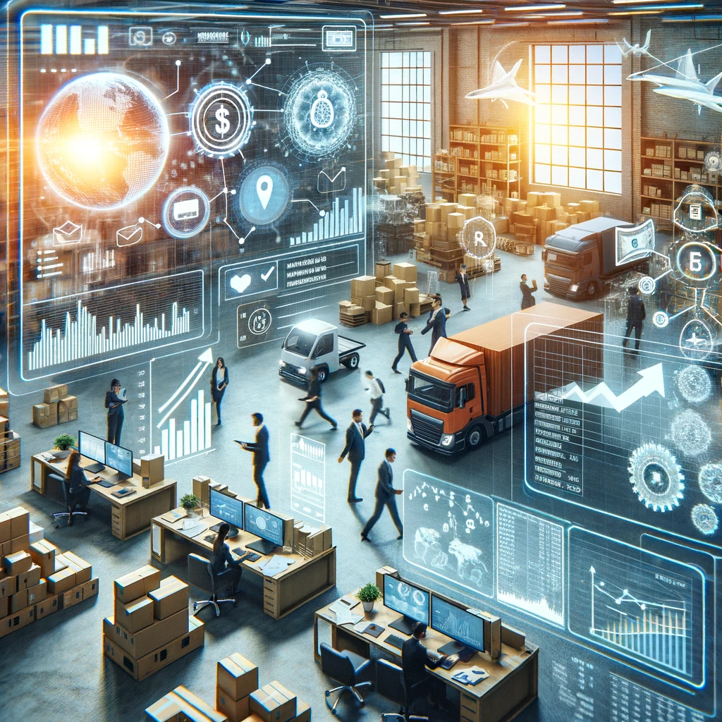 Illustration depicting a modern and efficient financial management scene in logistics, featuring digital invoicing and payroll systems. The image showcases a streamlined interface on a computer screen with graphs and data analytics, alongside symbols representing logistics such as trucks and cargo boxes. In the background, there's a faint outline of a globe, symbolizing the global reach of these advanced financial technologies.