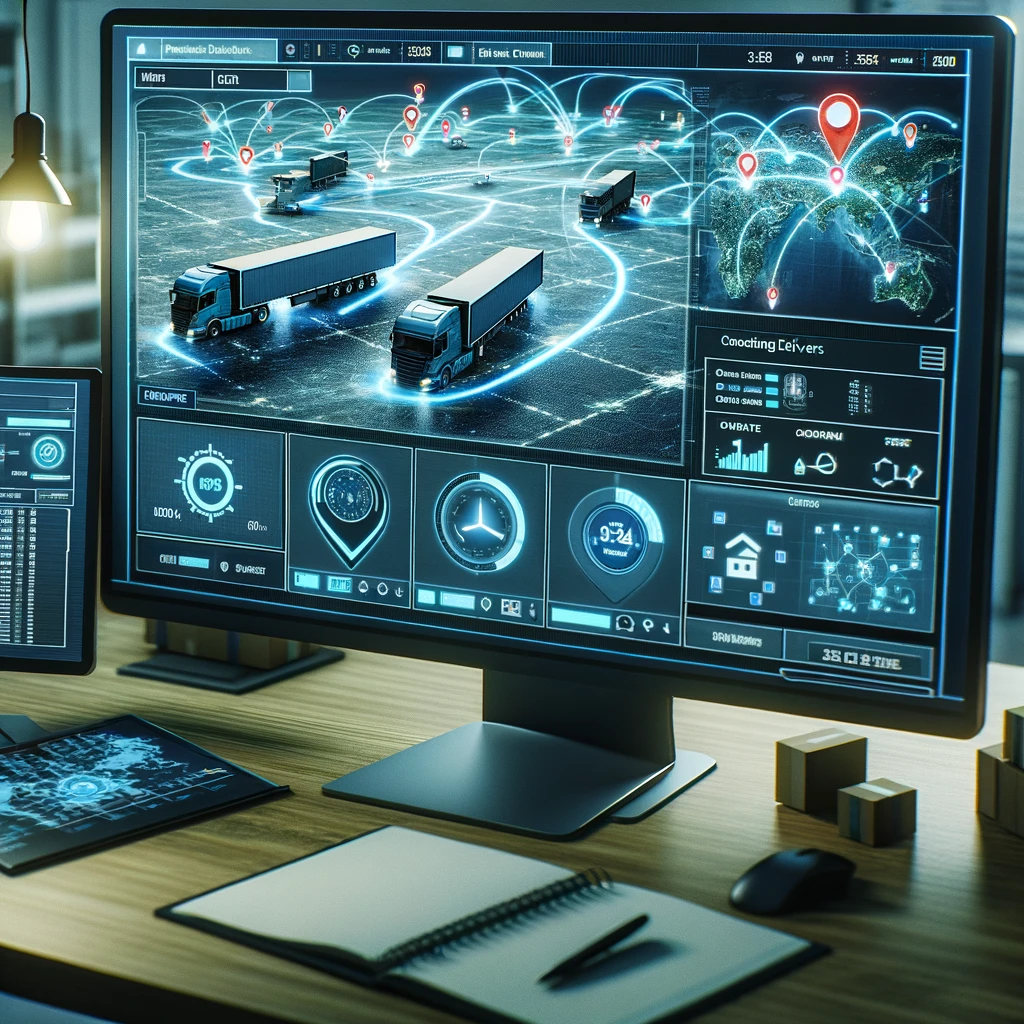 Advanced logistics dispatch software interface on a computer screen in a control center, displaying a map with routes and vehicles, and a sidebar with real-time updates and scheduling information, with workers coordinating deliveries.