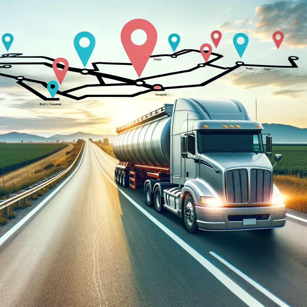 Professional photo of a bulk commodity truck on a highway with a clear sky, overlaid with a simplified Google Maps route and pins at various points, representing custom route planning for truck drivers.