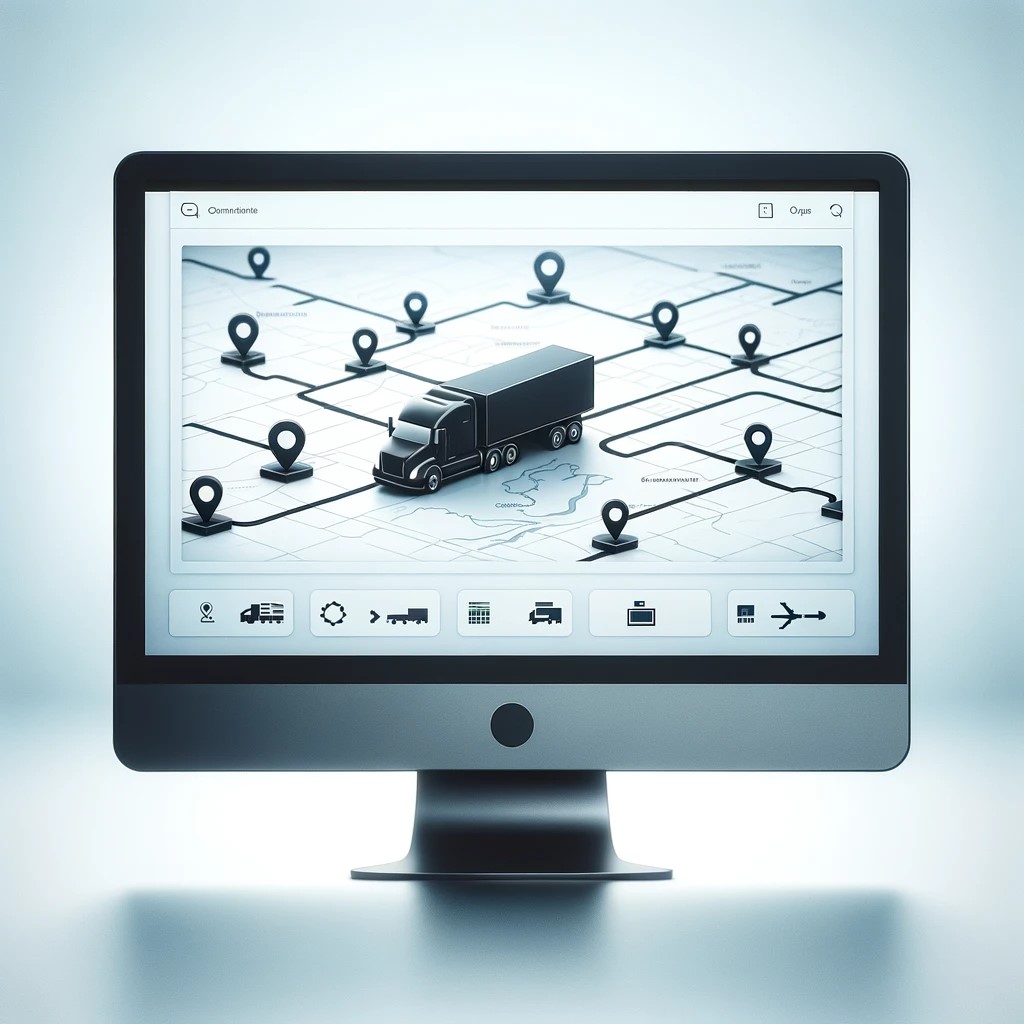 Minimalist illustration of a logistics software interface, showcasing a simple map with generic truck icons indicating crude oil transportation routes, emphasizing the software's ease of use and efficiency in managing crude oil hauling.